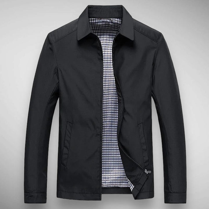 Men's casual zip-up jacket with a stylish collar and distinctive plaid lining, perfect for everyday wear.