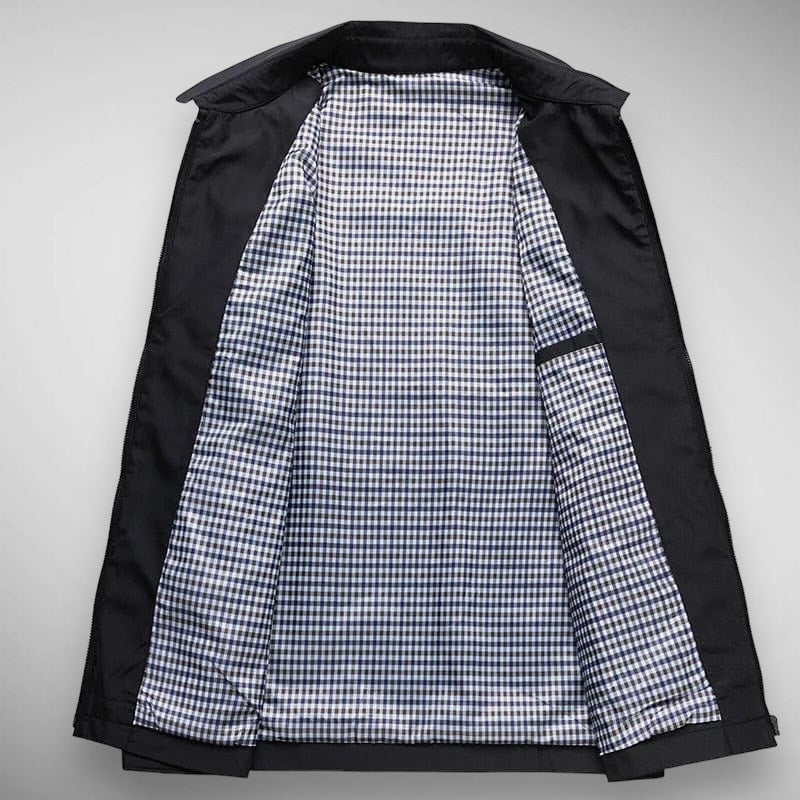 Versatile men's collared zip-up jacket. Casual outerwear with cozy plaid lining, ideal for spring & autumn fashion.