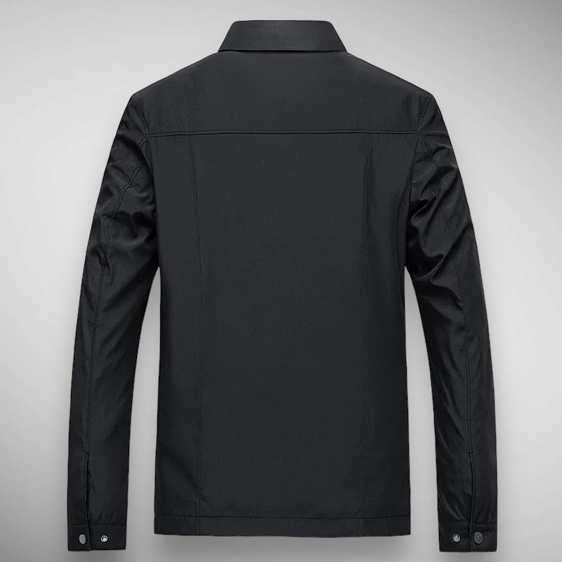 Men's modern collared jacket featuring a full zip closure and warm plaid lining. Great for casual spring/autumn outfits.