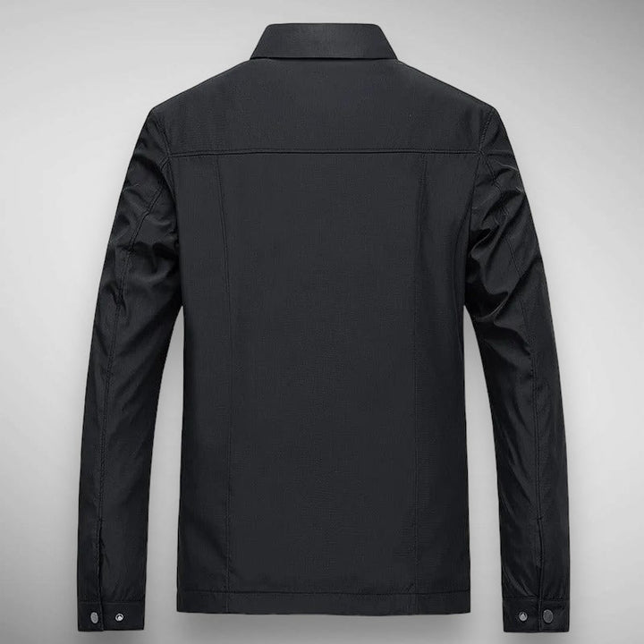 Men's modern collared jacket featuring a full zip closure and warm plaid lining. Great for casual spring/autumn outfits.