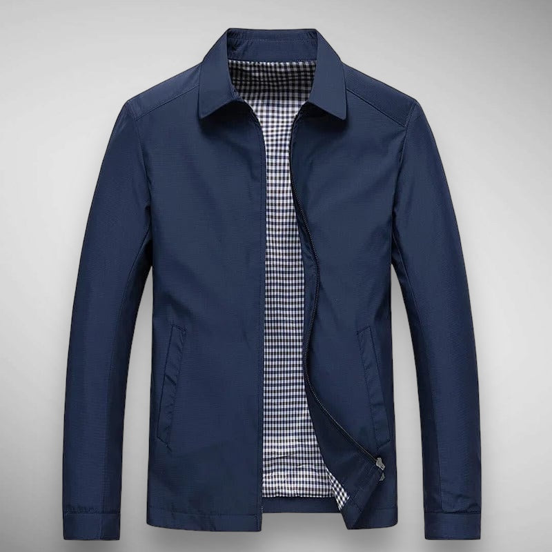 Stylish men's zip-up collared jacket, casual design with a unique plaid lining. Essential outerwear for daily fashion.