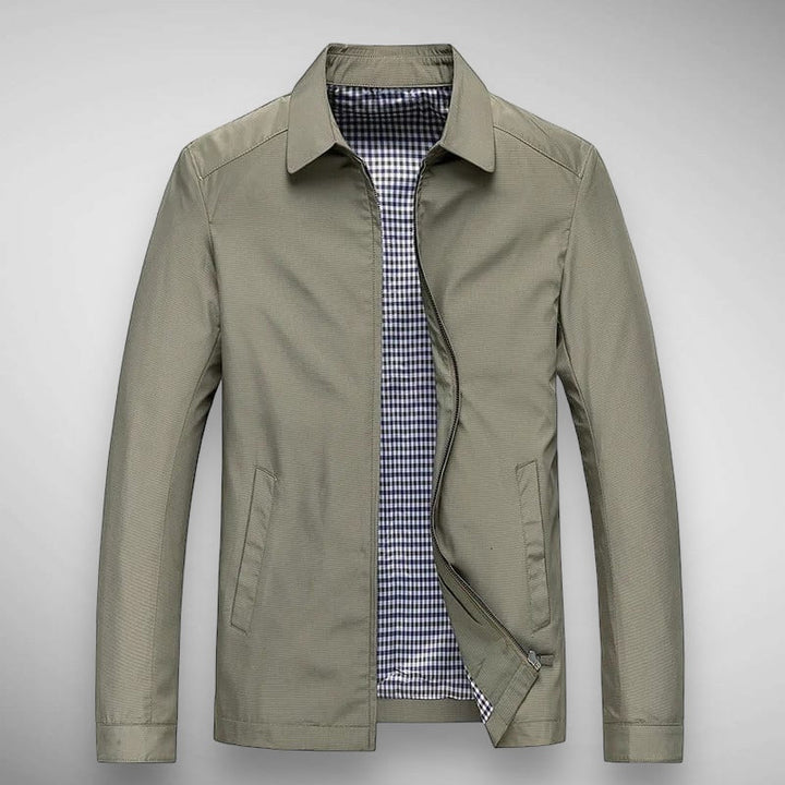 Men's casual collared zip-up jacket, outerwear with a cozy plaid lining. Versatile for spring, autumn, and everyday wear.