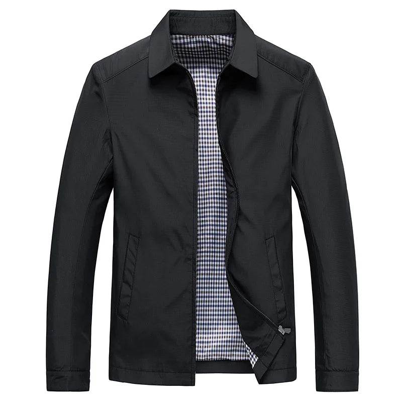 Men's casual zip-up jacket with stylish plaid lining, perfect for spring & fall outerwear. Versatile fashion.