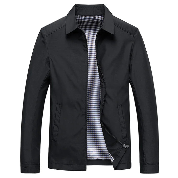 Men's casual zip-up jacket with stylish plaid lining, perfect for spring & fall outerwear. Versatile fashion.
