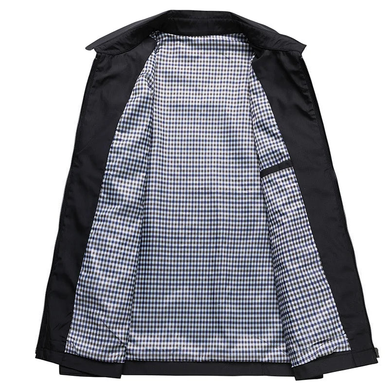 Lightweight men's zip-up jacket, casual for everyday wear. Features a cool plaid interior, ideal for spring/fall.