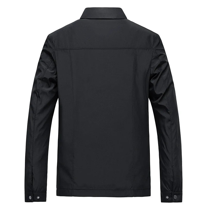 Stylish men's collared zip-up jacket with a cozy plaid lining. Versatile outerwear for a casual spring or fall look.