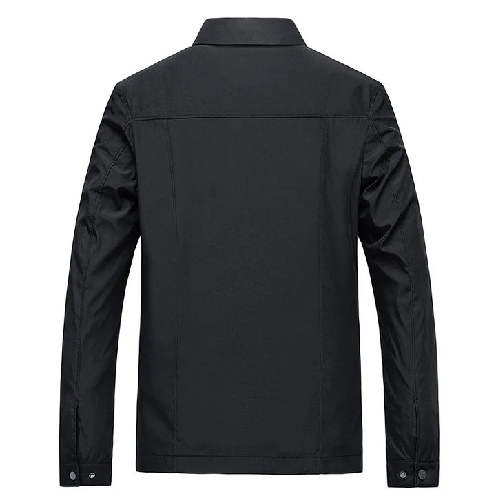 Stylish men's collared zip-up jacket with a cozy plaid lining. Versatile outerwear for a casual spring or fall look.