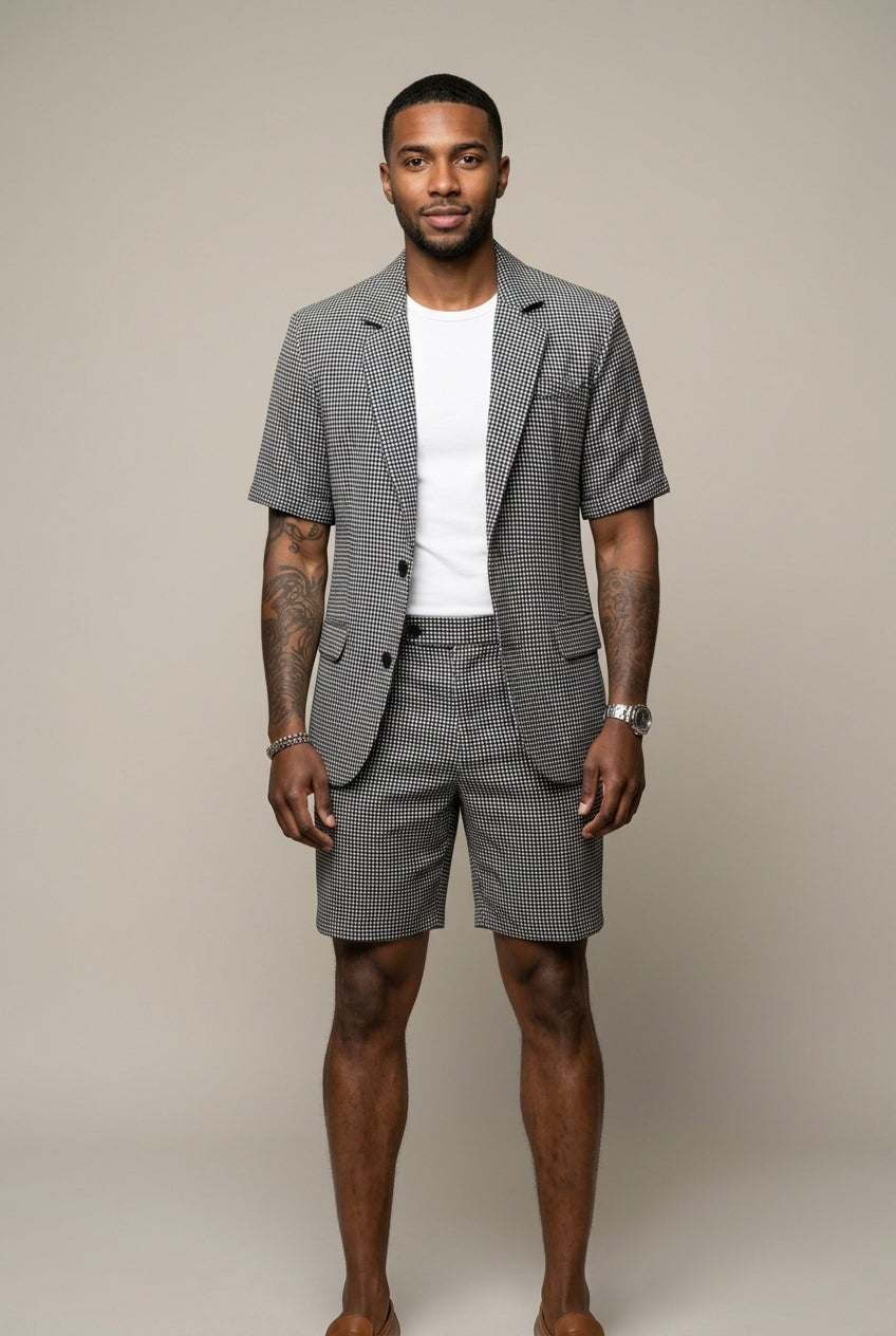 Men's check two-piece set: short sleeve blazer and matching tailored shorts. Smart casual summer outfit.