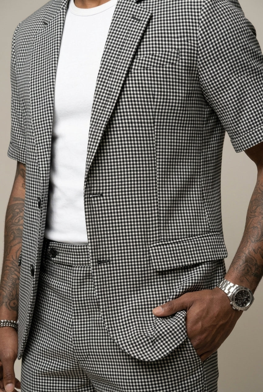 Contemporary men's check short sleeve blazer & matching shorts. Stylish two-piece set for summer fashion.