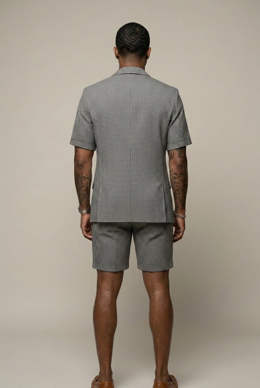 Tailored men's check two-piece with short sleeve blazer & shorts. Perfect smart casual summer outfit.