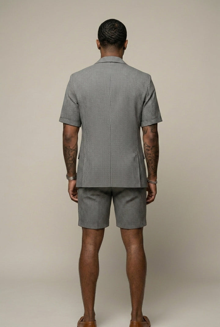 Tailored men's check two-piece with short sleeve blazer & shorts. Perfect smart casual summer outfit.