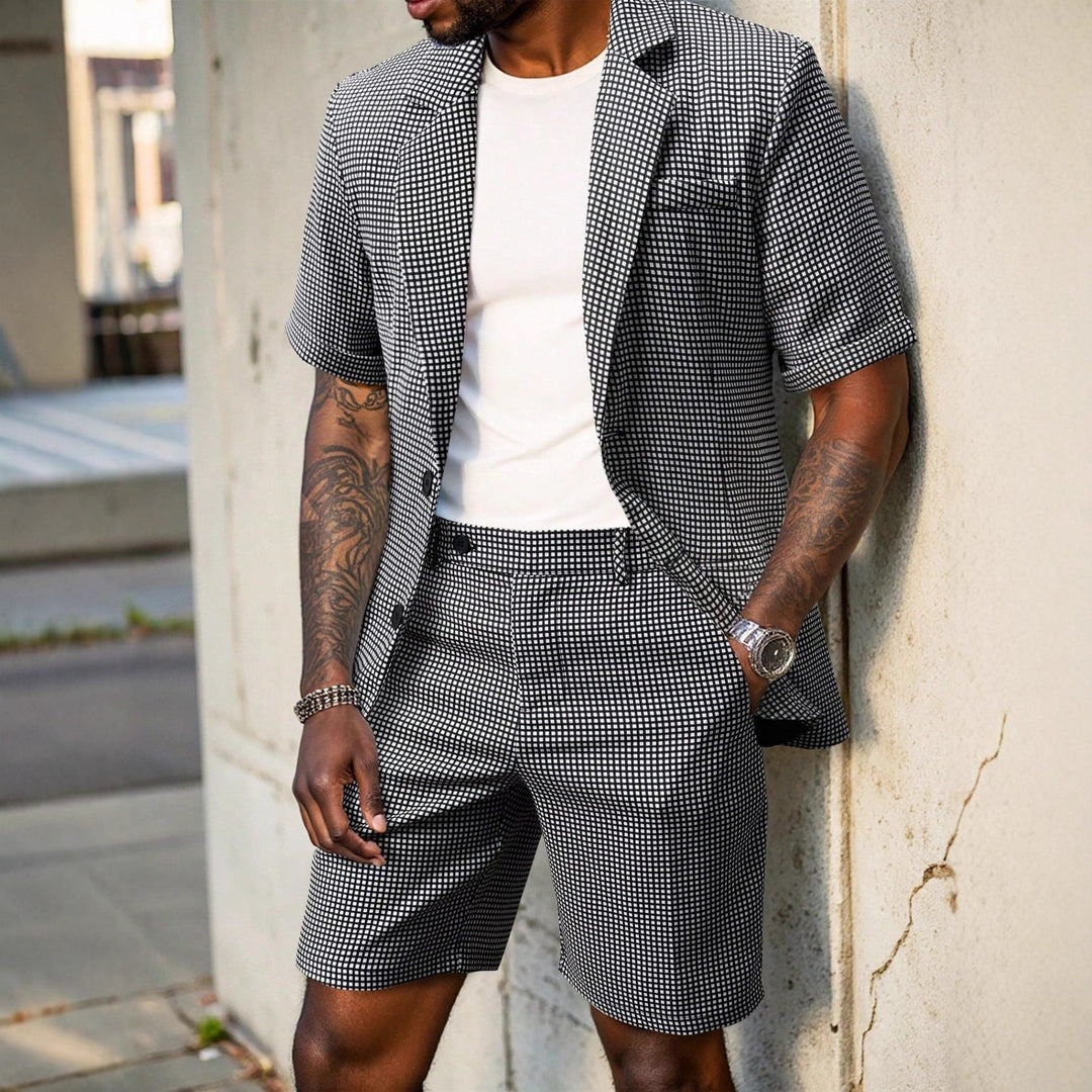 Coordinated men's check two-piece set featuring a short sleeve blazer and matching fashionable shorts.