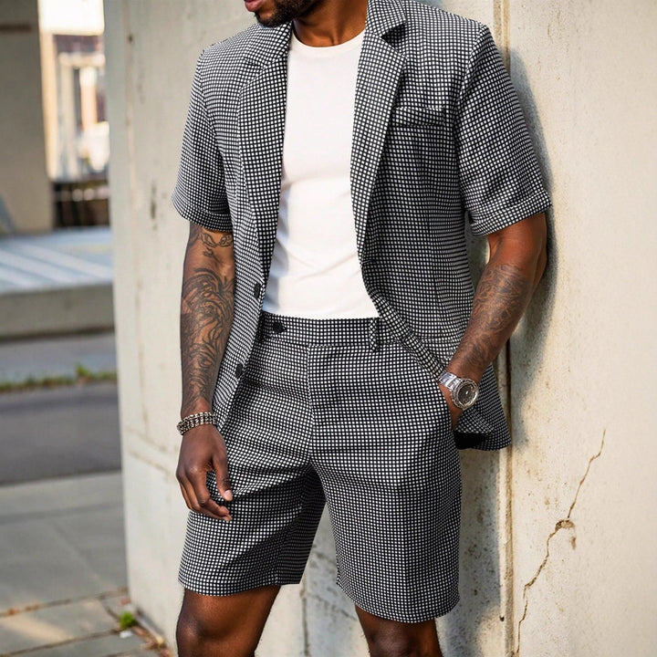 Coordinated men's check two-piece set featuring a short sleeve blazer and matching fashionable shorts.