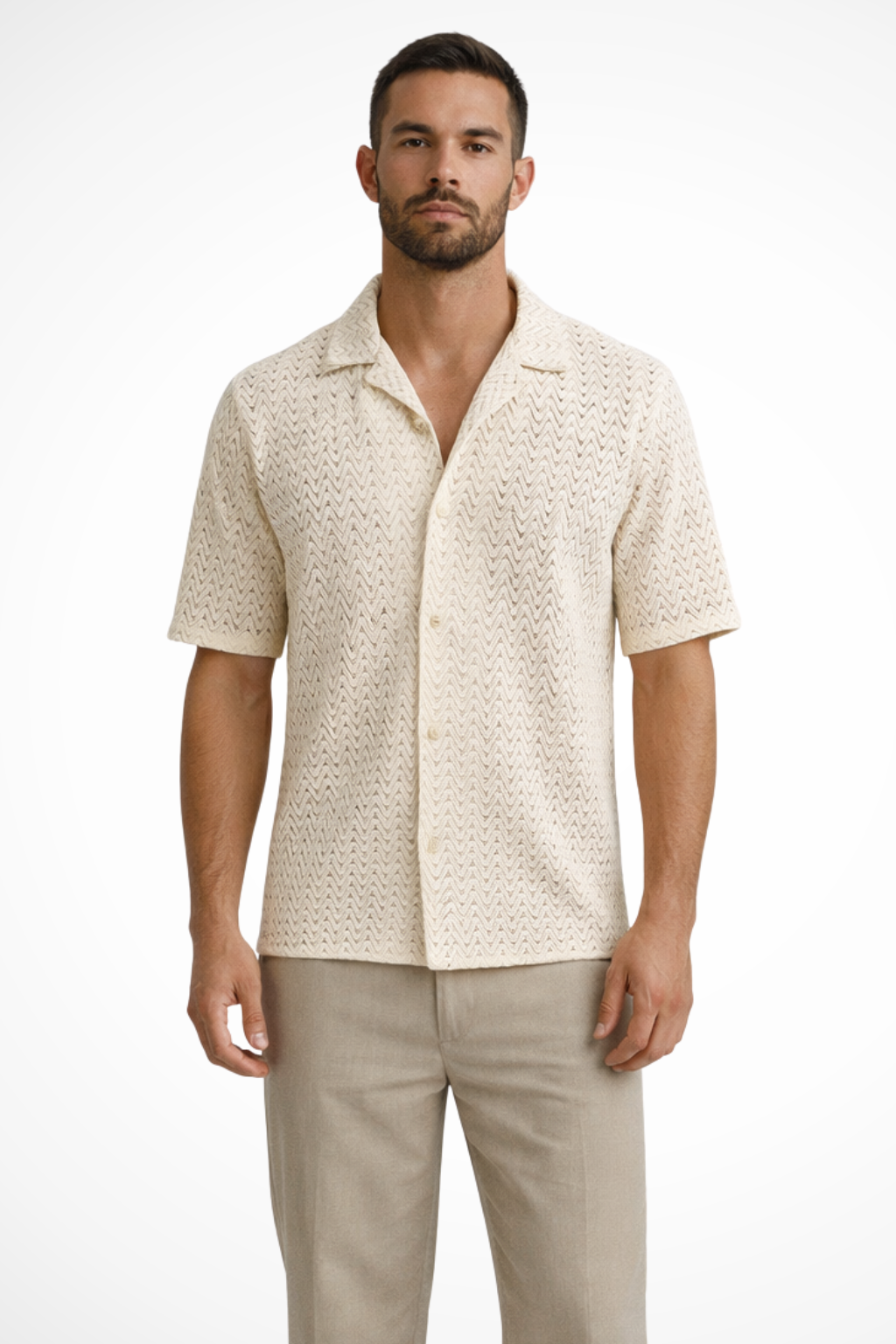Men's chevron textured short sleeve summer shirt with open collar