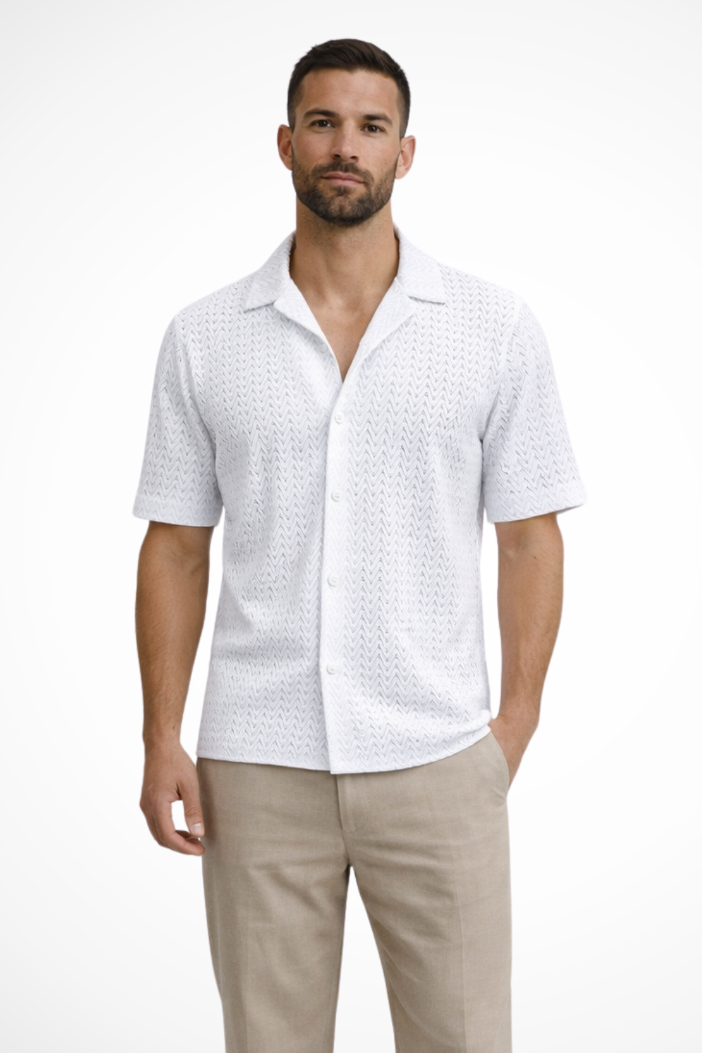 Casual men's short sleeve shirt featuring a stylish chevron texture