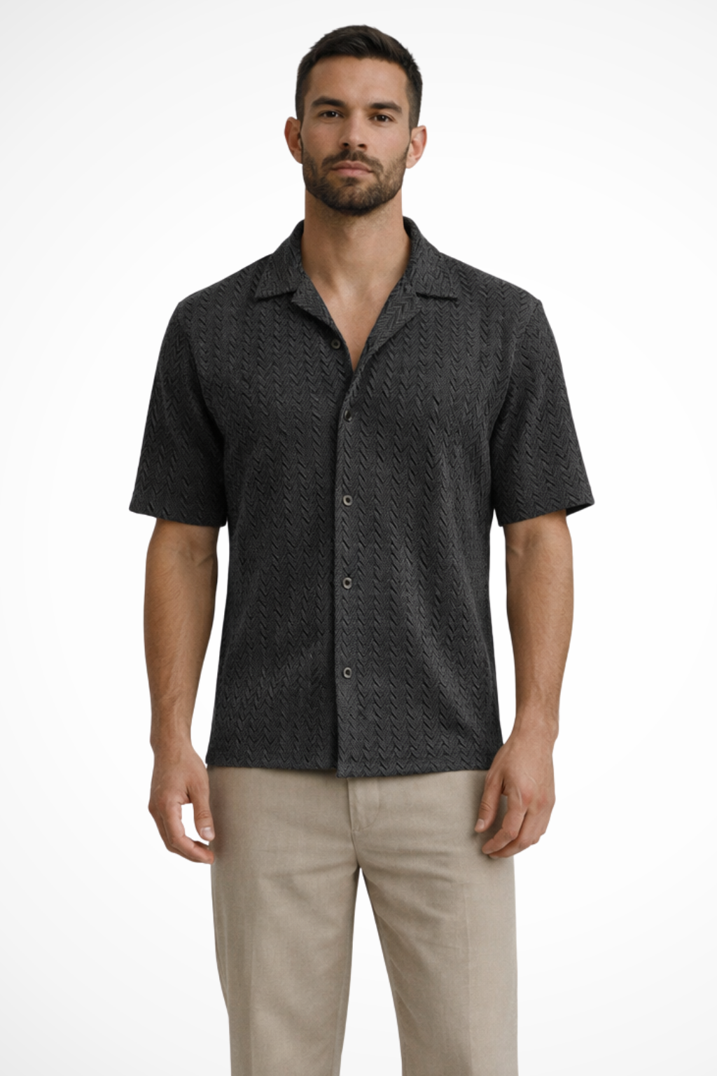 Men's short sleeve top with unique chevron pattern and relaxed fit