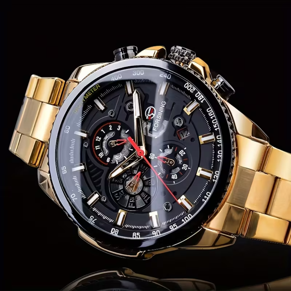 Classic men's analog watch with date display, ideal gift for him. Durable metal casing, automatic movement.