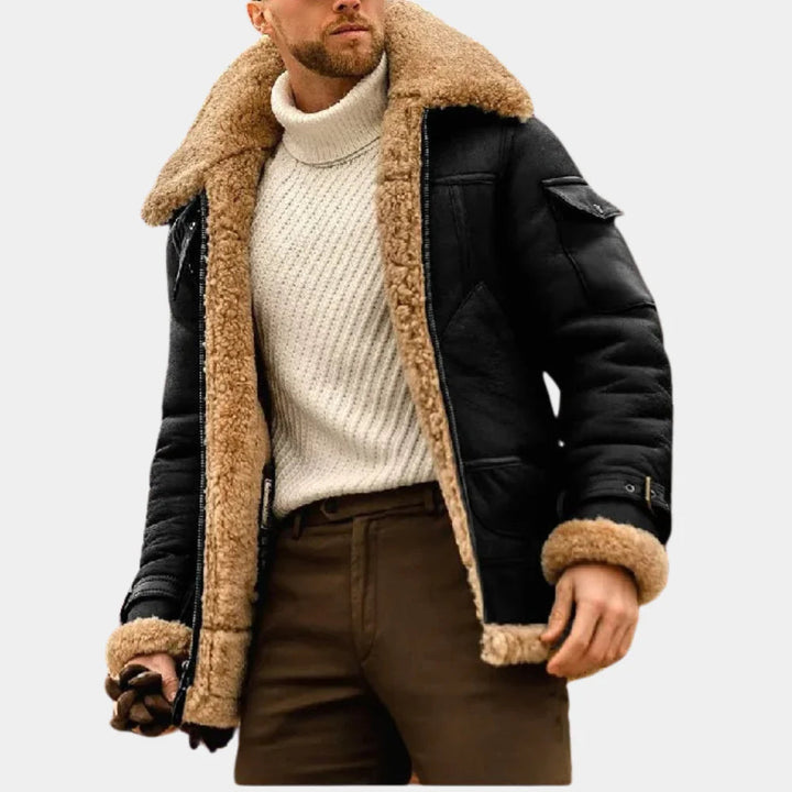Warm men's aviator winter jacket, a classic pilot style coat for cold weather, rugged and fashionable outerwear.