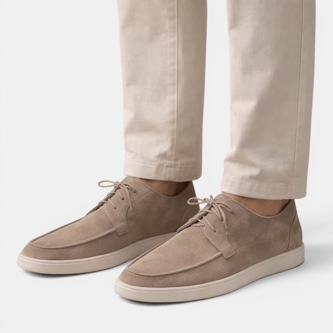 Men's classic beige lace-up loafers, perfect for timeless summer casual or smart-casual wear. Comfortable and versatile.
