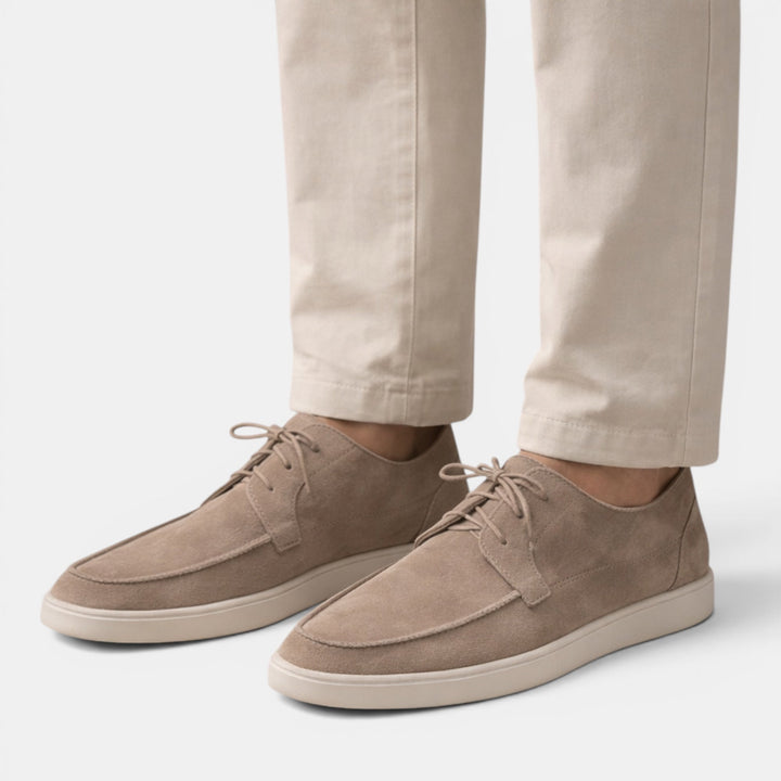 Men's classic beige lace-up loafers, perfect for timeless summer casual or smart-casual wear. Comfortable and versatile.