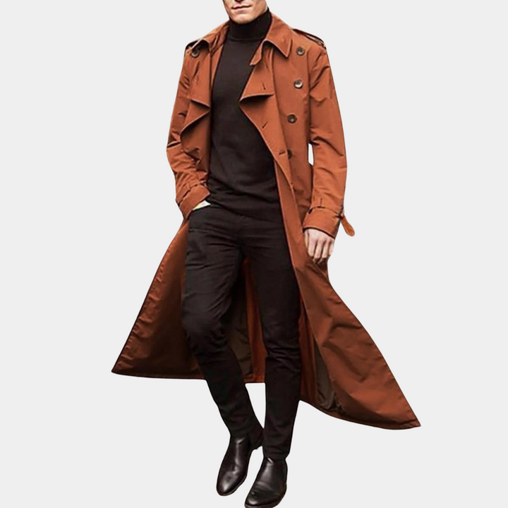 Men's classic belted trench coat in black - stylish all-season outerwear.
