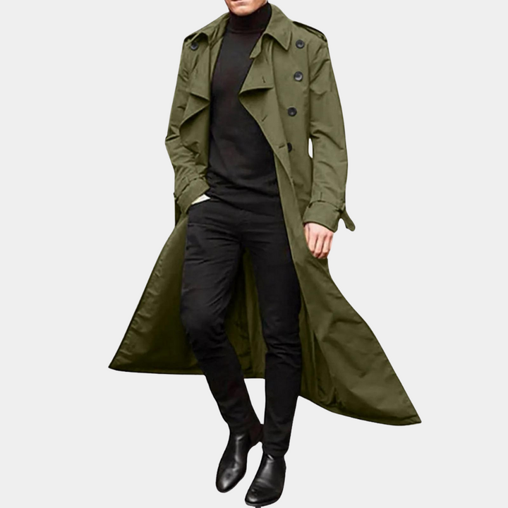 Elegant men's trench coat with belt detail, perfect for smart casual and workwear.
