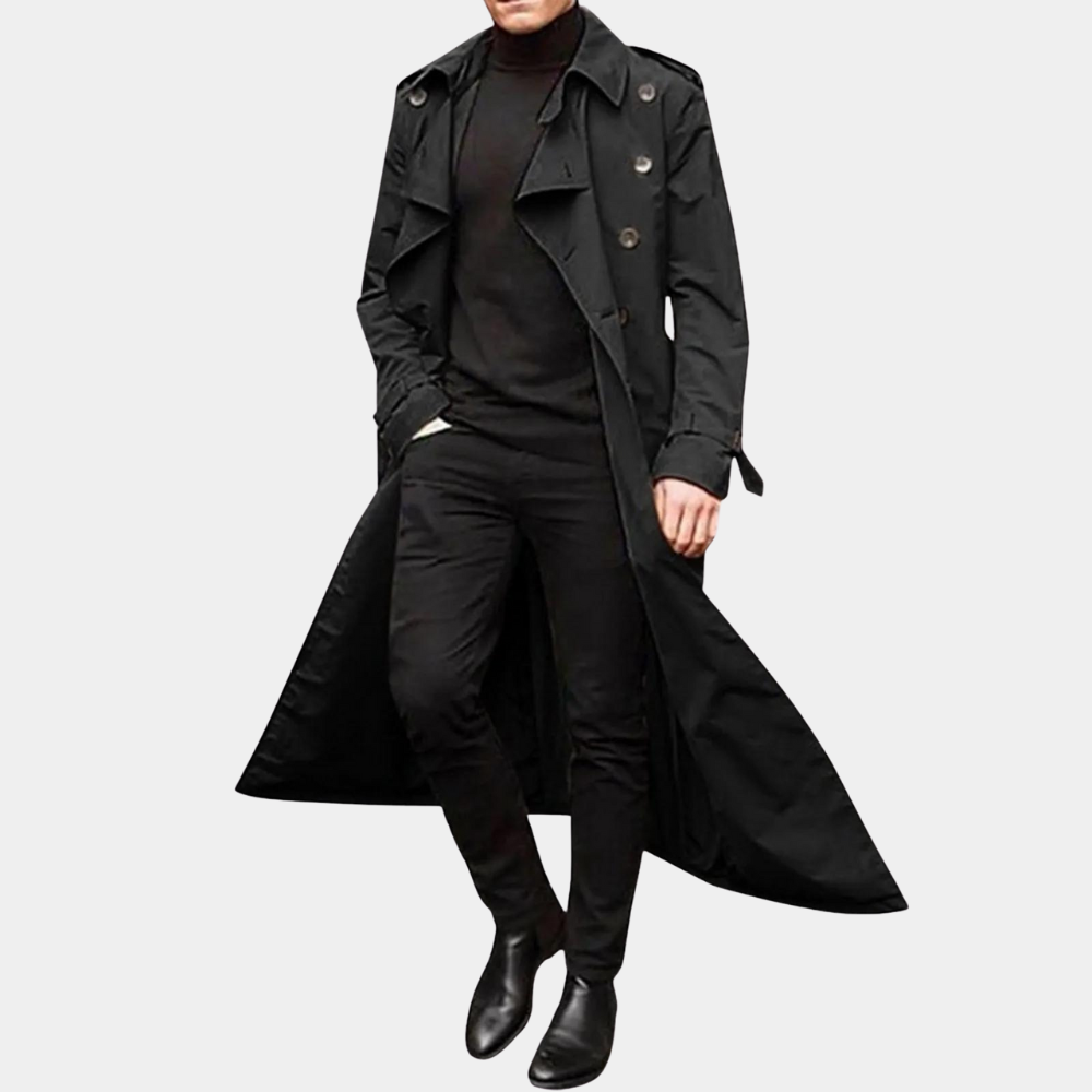 Fashionable men's belted trench coat for a timeless, stylish look in any season.