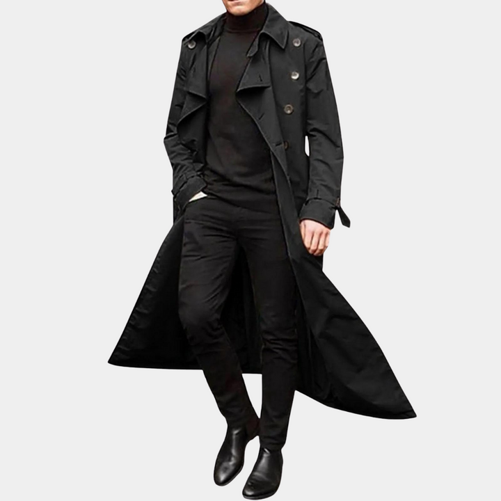 Fashionable men's belted trench coat for a timeless, stylish look in any season.