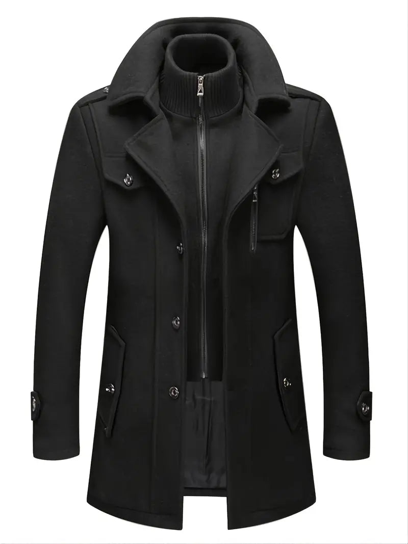 Men's classic black double-breasted pea coat, perfect for timeless winter style and warmth.