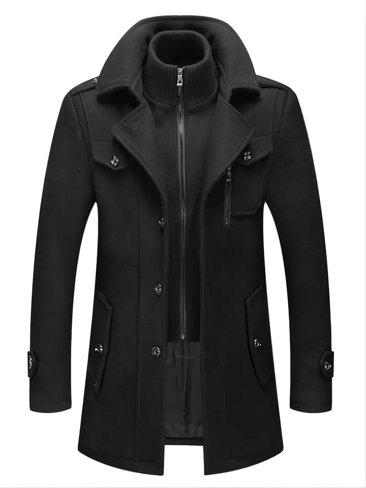 Men's classic black double-breasted pea coat, perfect for timeless winter style and warmth.