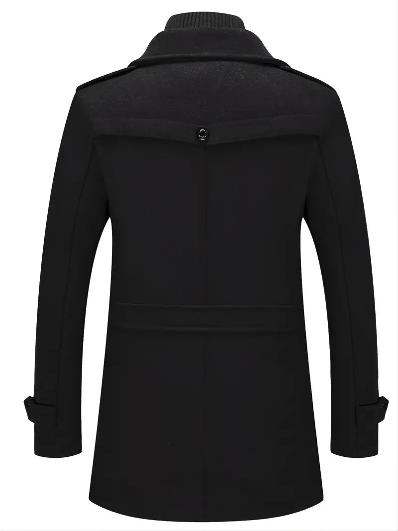 Stylish gray men's double-breasted pea coat, a tailored classic winter jacket for formal or casual wear.