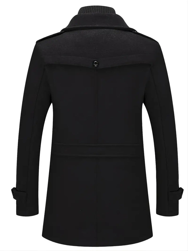 Stylish gray men's double-breasted pea coat, a tailored classic winter jacket for formal or casual wear.