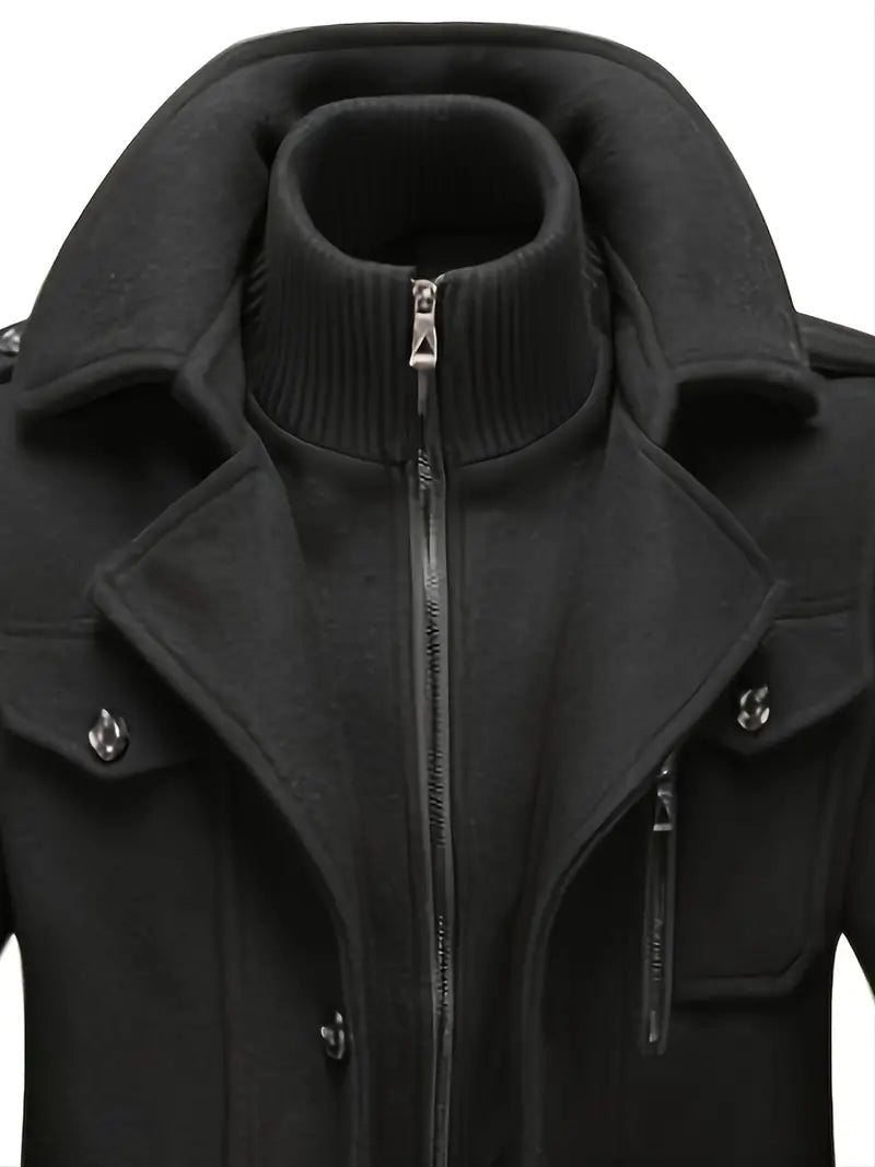 Warm men's double-breasted pea coat, ideal outerwear for sophisticated winter fashion and comfort.
