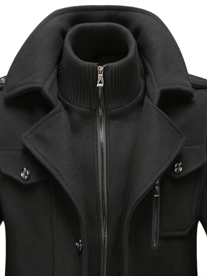 Warm men's double-breasted pea coat, ideal outerwear for sophisticated winter fashion and comfort.