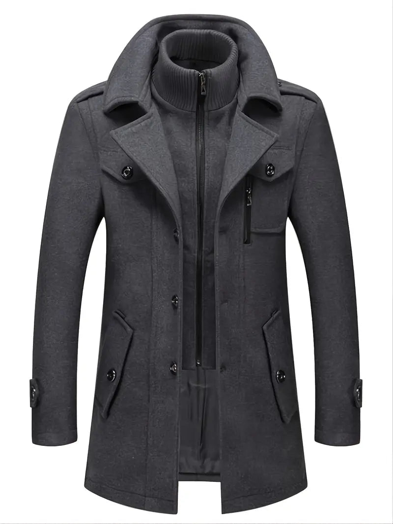 Classic brown men's double-breasted pea coat with wide lapels, offering a refined look for winter.