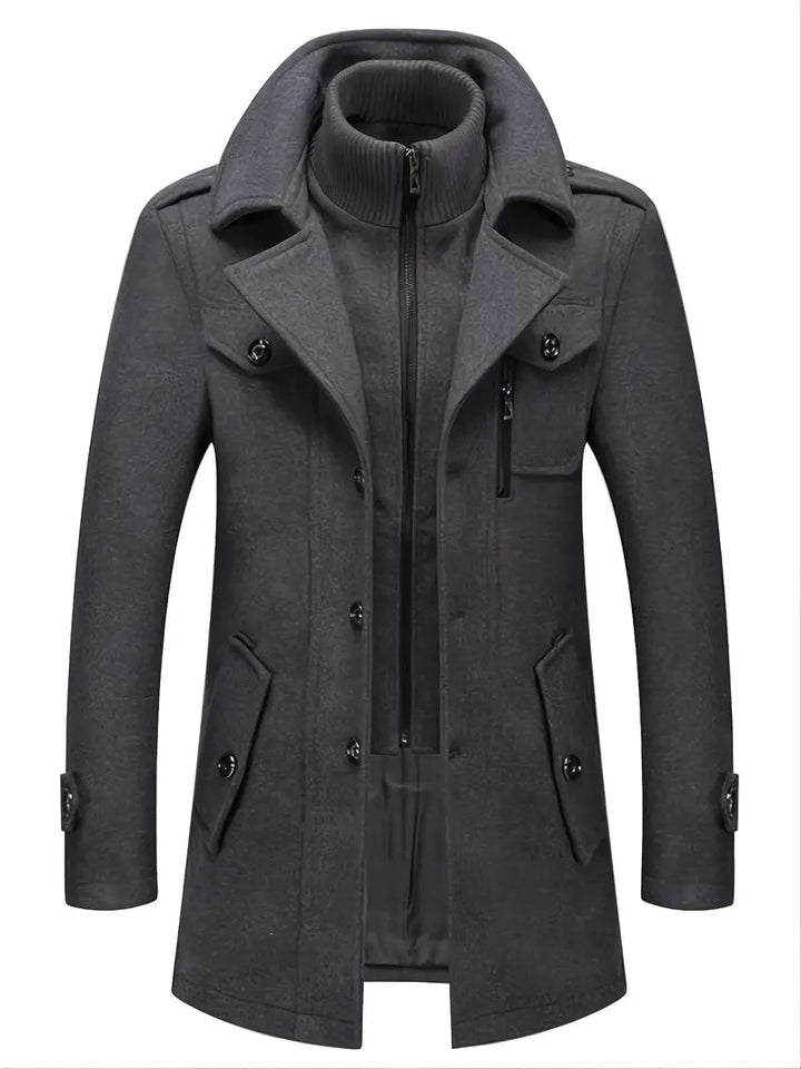 Classic brown men's double-breasted pea coat with wide lapels, offering a refined look for winter.