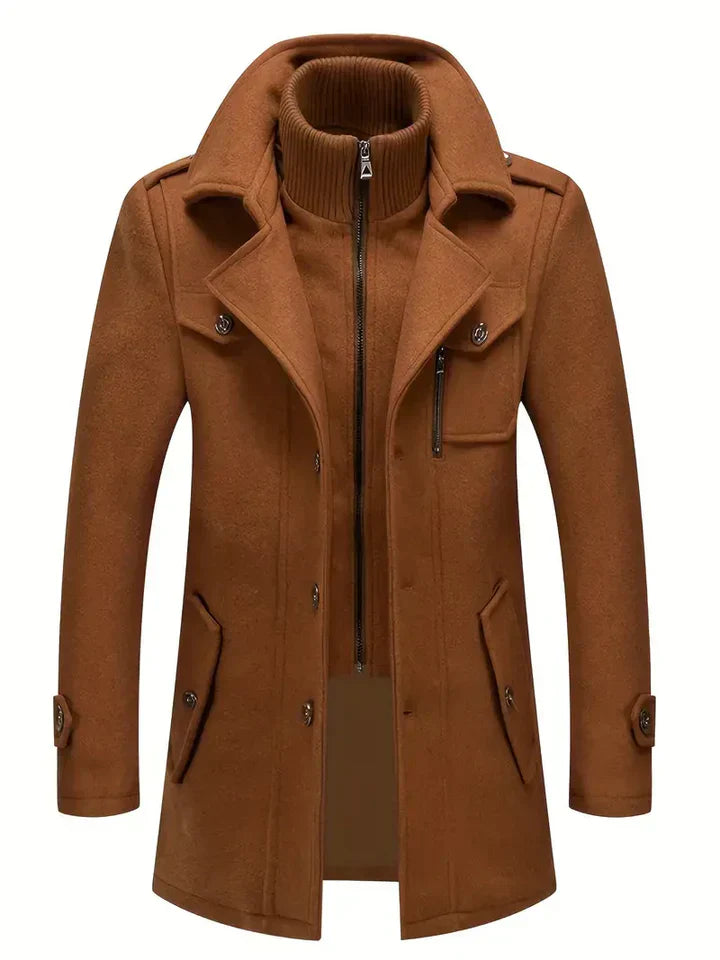 Front view of a men's double-breasted pea coat, showcasing its classic buttons and tailored winter design.