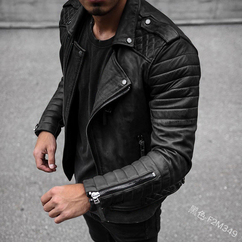 Men's classic black leather biker jacket with urban edge, featuring a front zipper & stylish lapels. Perfect for street style.