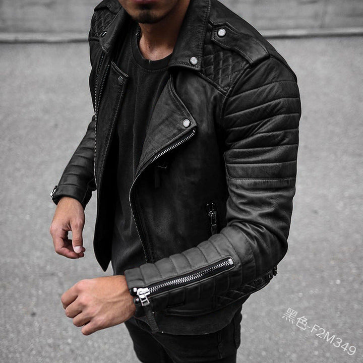 Men's classic black leather biker jacket with urban edge, featuring a front zipper & stylish lapels. Perfect for street style.