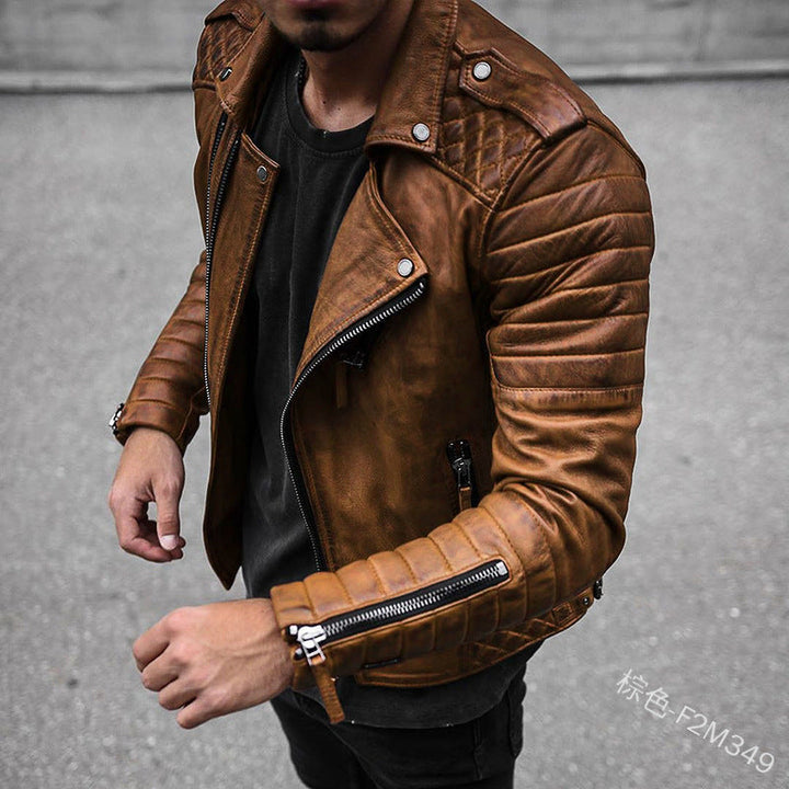 Close-up of a men's classic black leather biker jacket, highlighting the texture & durable craftsmanship. Ideal urban outerwear.