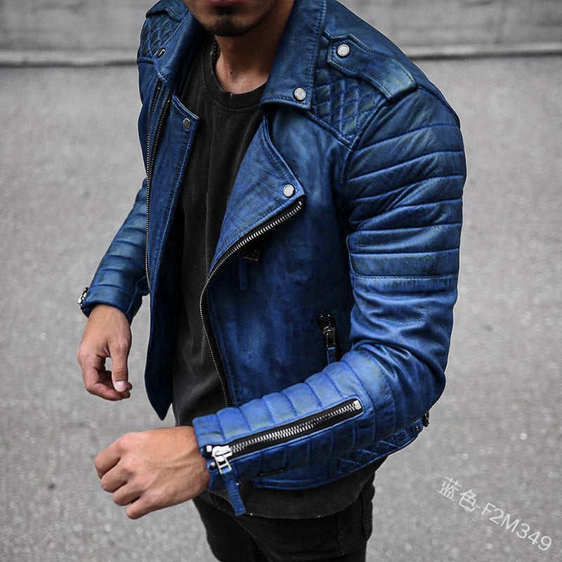 Back view of a sleek men's classic black leather biker jacket, showcasing its tailored fit & urban appeal. Essential mens outerwear.