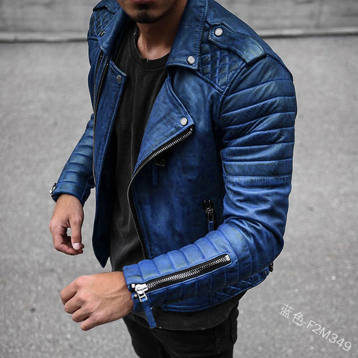 Back view of a sleek men's classic black leather biker jacket, showcasing its tailored fit & urban appeal. Essential mens outerwear.
