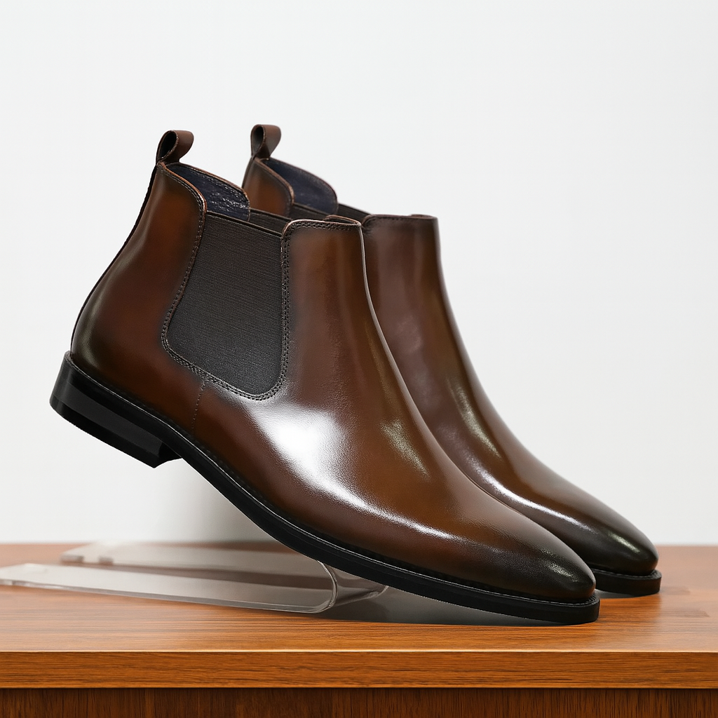 Men's classic black leather Chelsea boots, timeless slip-on ankle style for versatile dress or casual wear.