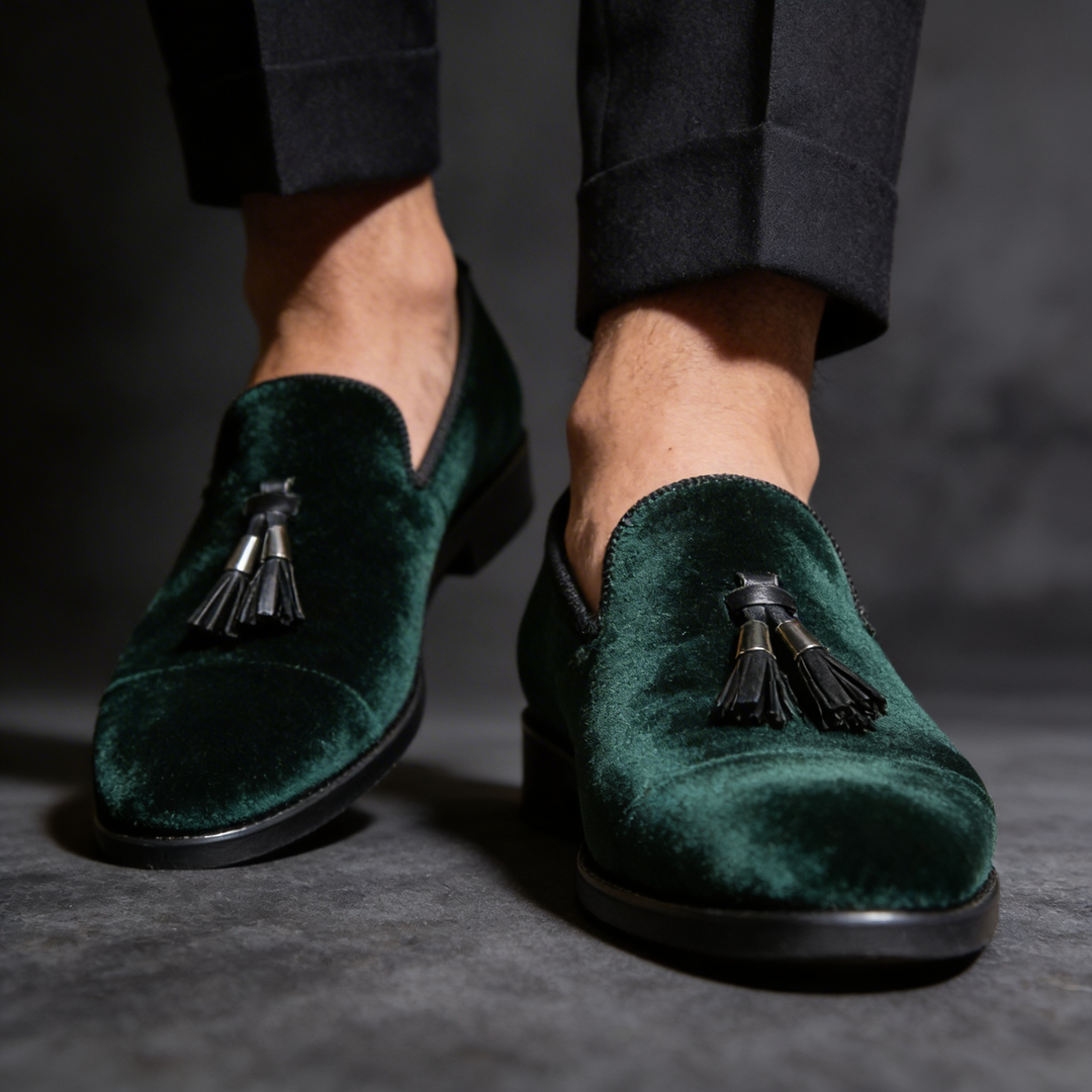 Men's classic black leather tassel loafers, perfect for sophisticated formal wear & polished style.