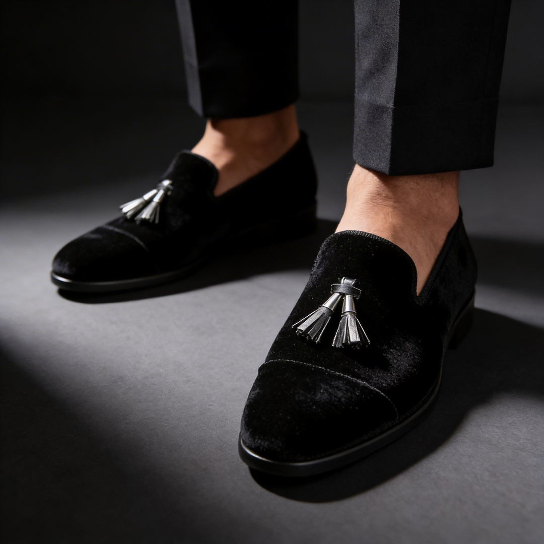 Stylish men's slip-on tassel loafers. Elegant leather dress shoes for a classic, sophisticated look.