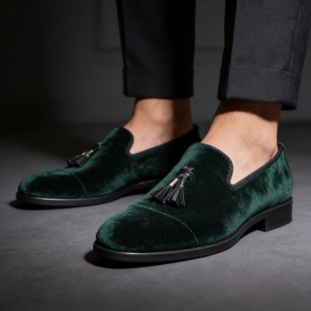 A pair of sleek men's formal tassel loafers in polished leather, ideal for evening events & dress wear.