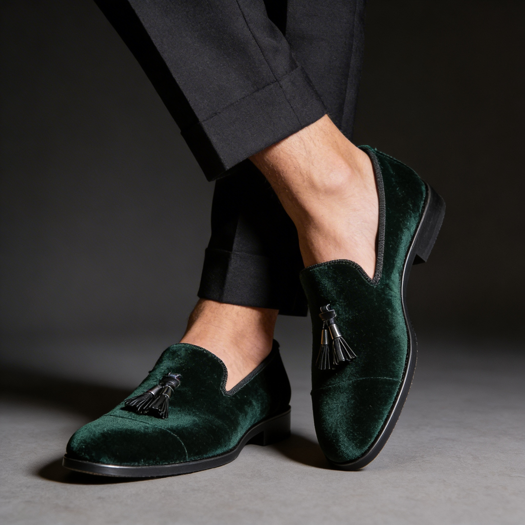 Close-up of a men's sophisticated black tassel loafer, showcasing classic design & quality leather.