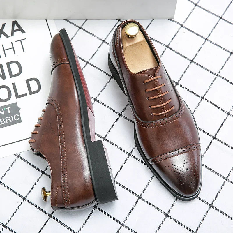 Comfortable men's brown Oxford dress shoes; classic style ideal for business, formal events, & men's fashion.