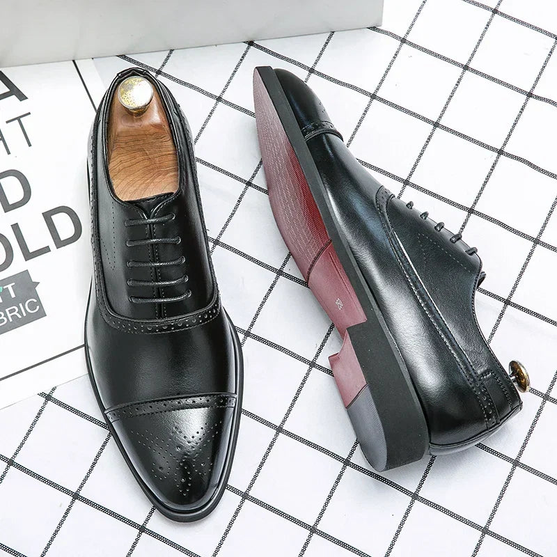 Elegant men's Oxford dress shoes with brogue details, offering classic style & comfort for formal footwear.