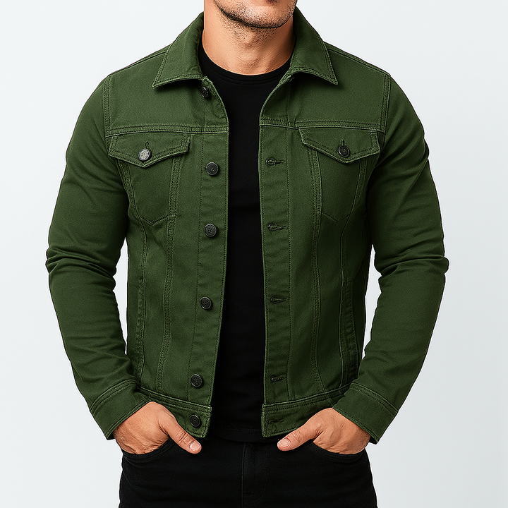 Men's classic blue denim jacket, regular fit, ideal for casual spring & autumn wear, timeless streetwear style.